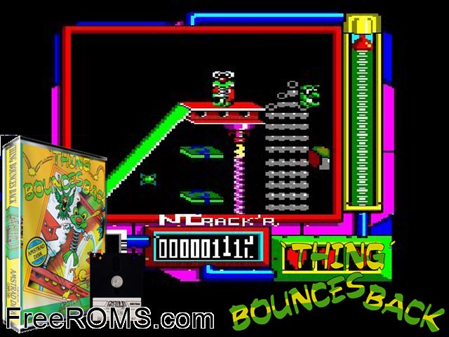 Thing Bounces Back (UK) (1987) Amstrad CPC game showing 3D box cover and gameplay screenshot
