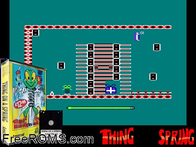 Thing On A Spring (UK) (1990) Amstrad CPC game showing 3D box cover and gameplay screenshot