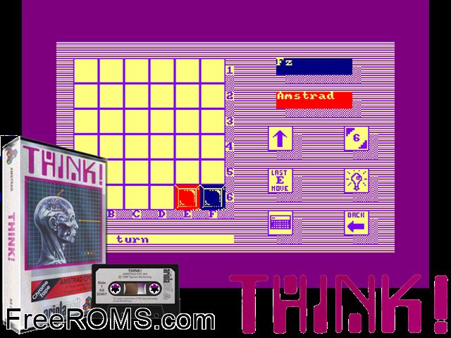 Think (UK) (1985) Amstrad CPC game showing 3D box cover and gameplay screenshot