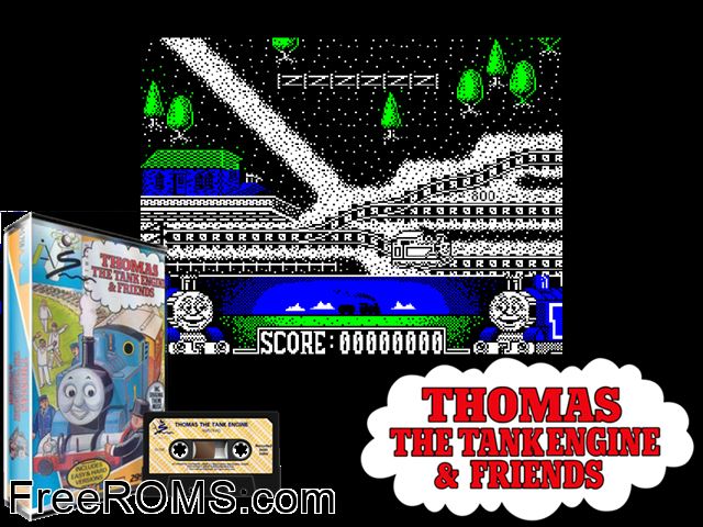 Thomas the Tank Engine (UK) (1990) Amstrad CPC game showing 3D box cover and gameplay screenshot