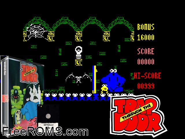 Through the Trapdoor (UK) (1986) Amstrad CPC game showing 3D box cover and gameplay screenshot