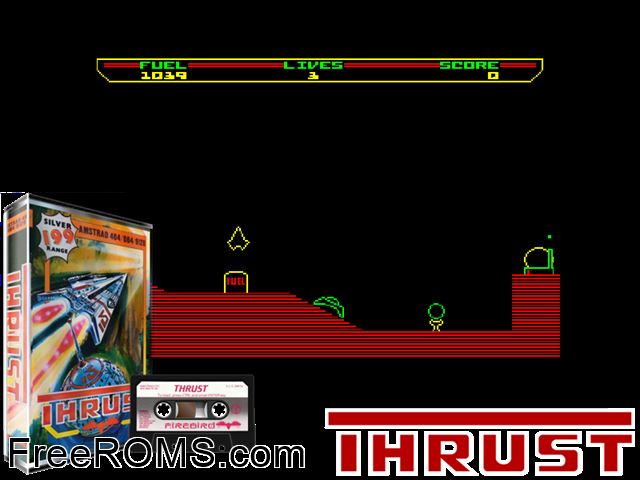Thrust (UK) (1986) Amstrad CPC game showing 3D box cover and gameplay screenshot