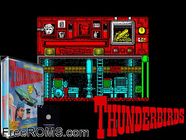 Thunderbirds (UK) (1988) (Disk 2 of 2) Amstrad CPC game showing 3D box cover and gameplay screenshot