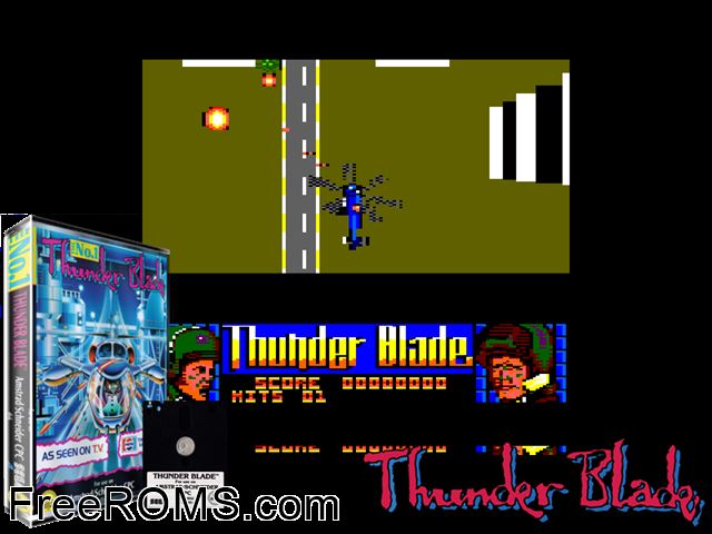 Thunder Blade (UK) (1988) Amstrad CPC game showing 3D box cover and gameplay screenshot