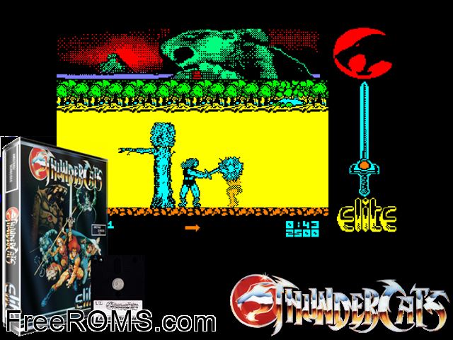 Thundercats (UK) (1987) Amstrad CPC game showing 3D box cover and gameplay screenshot