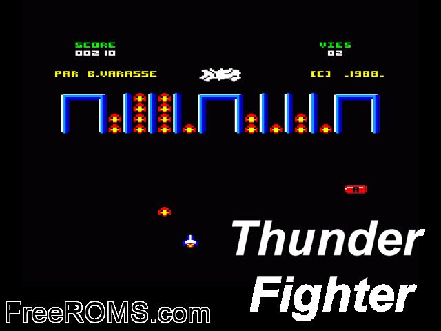 Thunder Fighter (F) (1988) Amstrad CPC game showing 3D box cover and gameplay screenshot