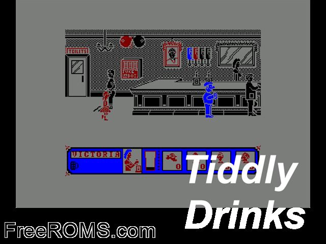 Tiddly Drinks (UK) (1986) Amstrad CPC game showing 3D box cover and gameplay screenshot