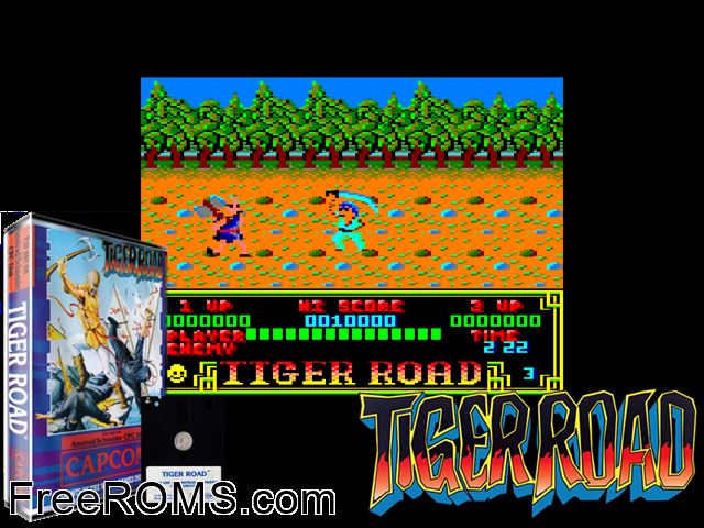 Tiger Road (UK) (1987) Amstrad CPC game showing 3D box cover and gameplay screenshot