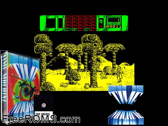 Time Machine (UK) (1990) Amstrad CPC game showing 3D box cover and gameplay screenshot