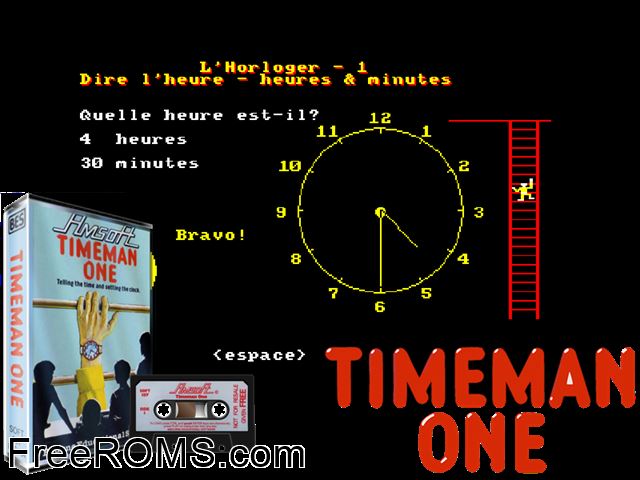 Timeman One (UK) (1984) Amstrad CPC game showing 3D box cover and gameplay screenshot