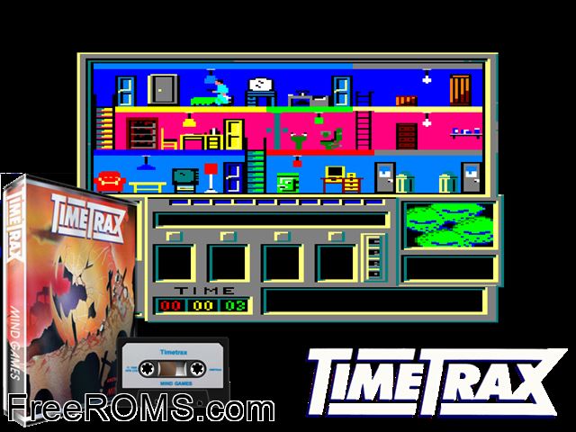 Timetrax (UK) (1986) Amstrad CPC game showing 3D box cover and gameplay screenshot