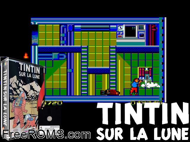 Tintin on The Moon (UK,F,G) (1989) Amstrad CPC game showing 3D box cover and gameplay screenshot