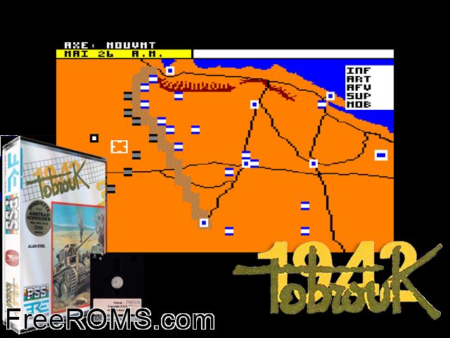 Tobruk 1942 (F) (1986) Amstrad CPC game showing 3D box cover and gameplay screenshot