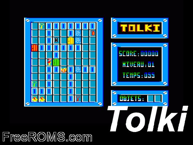 Tolki (F) (19xx) (PD) Amstrad CPC game showing 3D box cover and gameplay screenshot