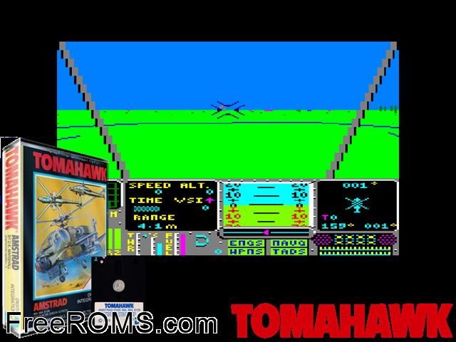 Tomahawk (UK,F,G) (1986) Amstrad CPC game showing 3D box cover and gameplay screenshot