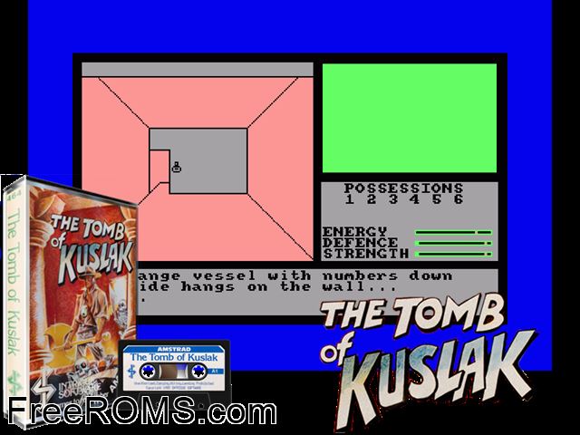 Tomb of Kuslak, The (UK) (1985) Amstrad CPC game showing 3D box cover and gameplay screenshot