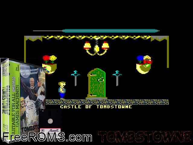 Tombstowne (UK) (1985) Amstrad CPC game showing 3D box cover and gameplay screenshot