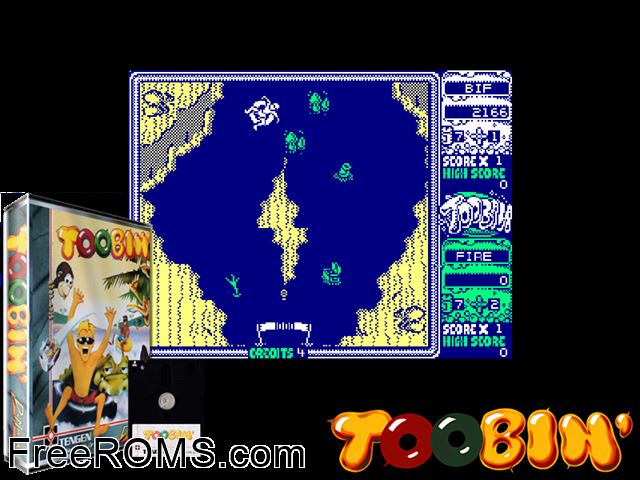 Toobin' (UK) (1989) Amstrad CPC game showing 3D box cover and gameplay screenshot