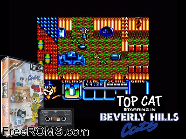 Top Cat (UK) (1990) Amstrad CPC game showing 3D box cover and gameplay screenshot