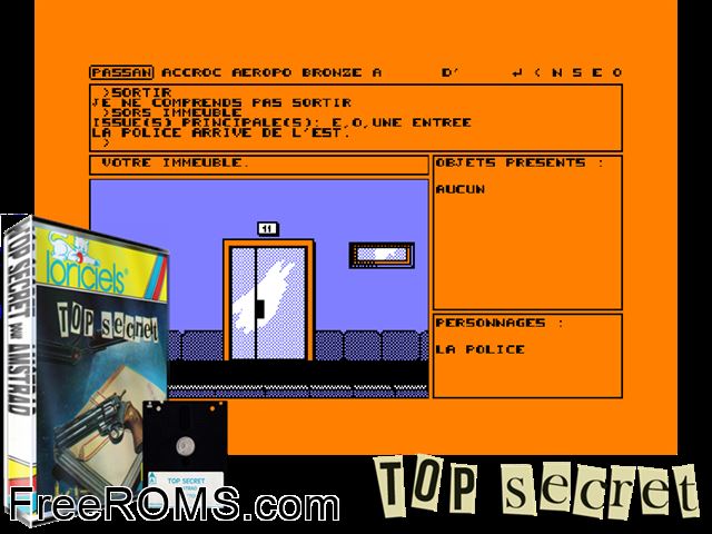Top Secret (F) (1986) (Disk 2 of 2) Amstrad CPC game showing 3D box cover and gameplay screenshot