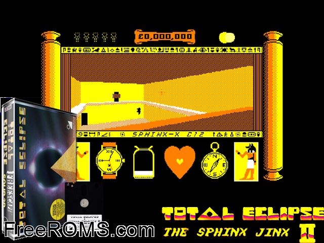 Total Eclipse 2 - Sphinx Jinx (UK) (1989) Amstrad CPC game showing 3D box cover and gameplay screenshot