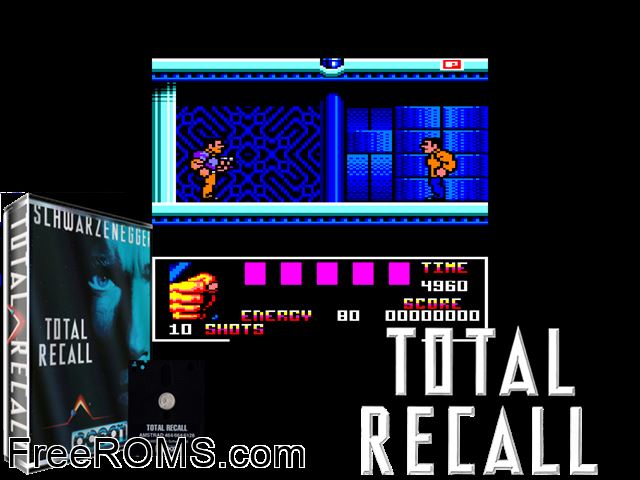 Total Recall (UK) (1991) Amstrad CPC game showing 3D box cover and gameplay screenshot