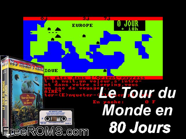 Tour du Monde en 80 Jours (F) (1984) Amstrad CPC game showing 3D box cover and gameplay screenshot