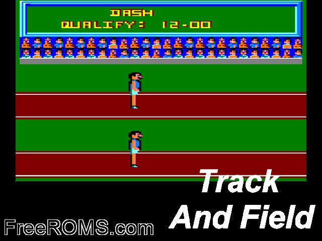 Track and Field (UK) (1988) Amstrad CPC game showing 3D box cover and gameplay screenshot