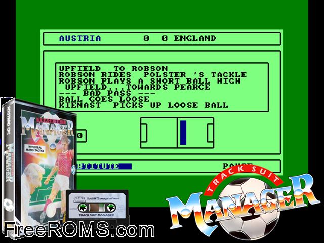 Tracksuit Manager (UK) (1990) Amstrad CPC game showing 3D box cover and gameplay screenshot