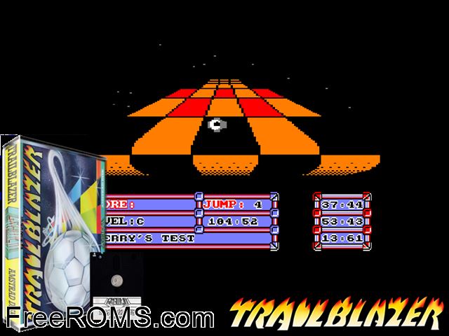 Trailblazer Plus (F) (1986) Amstrad CPC game showing 3D box cover and gameplay screenshot