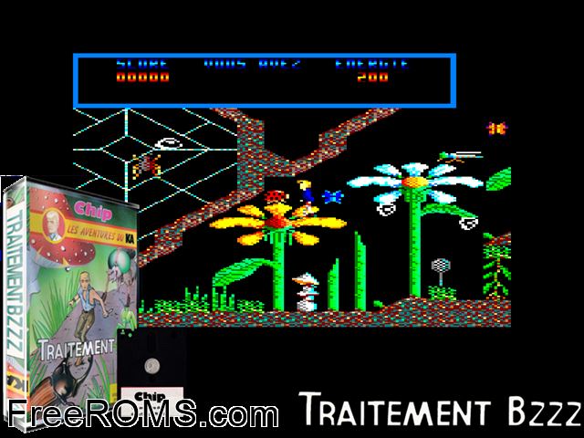 Traitement Bzzz - Ka (F) (1987) Amstrad CPC game showing 3D box cover and gameplay screenshot