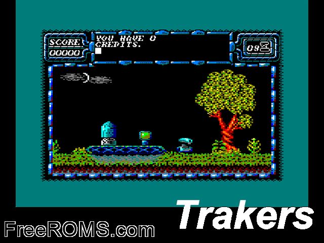 Trakers (UK) (1991) Amstrad CPC game showing 3D box cover and gameplay screenshot