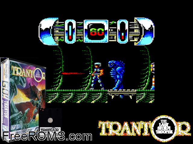 Trantor (UK) (1987) Amstrad CPC game showing 3D box cover and gameplay screenshot