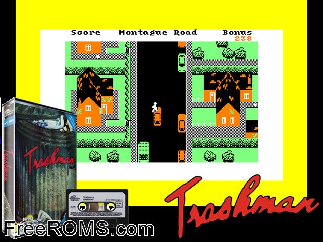 Trashman (UK) (1986) Amstrad CPC game showing 3D box cover and gameplay screenshot