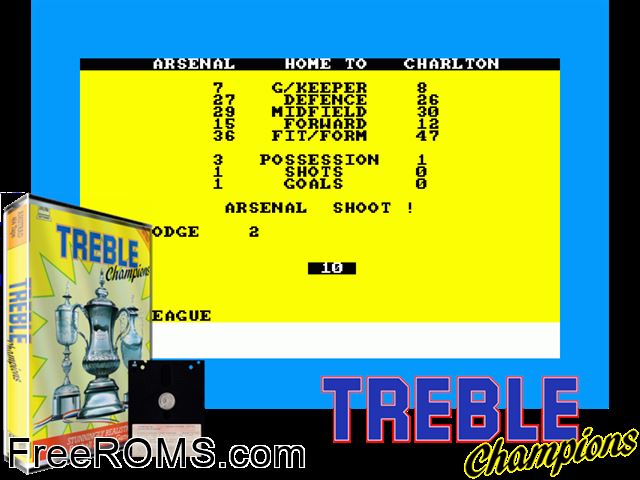 Treble Champions (UK) (19xx) Amstrad CPC game showing 3D box cover and gameplay screenshot