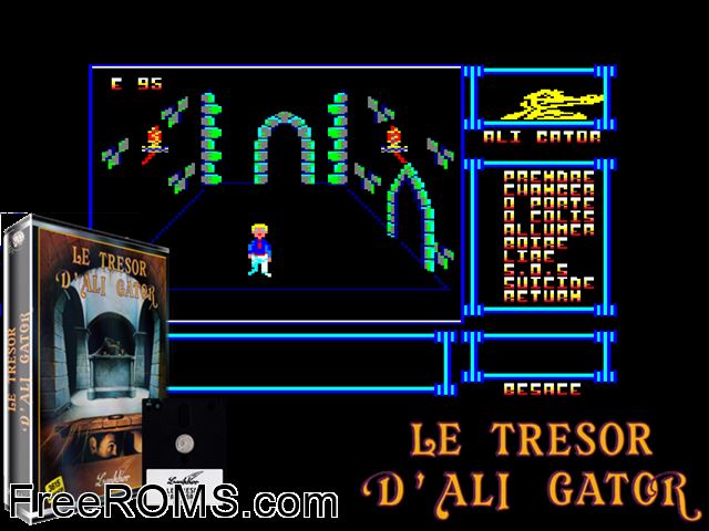 Tresor d'Ali Cator (F) (19xx) Amstrad CPC game showing 3D box cover and gameplay screenshot
