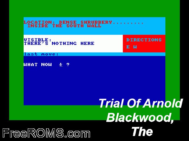 Trial of Arnold Blackwood (UK) (1984) Amstrad CPC game showing 3D box cover and gameplay screenshot