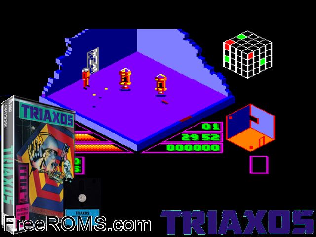 Triaxos (UK) (1987) Amstrad CPC game showing 3D box cover and gameplay screenshot