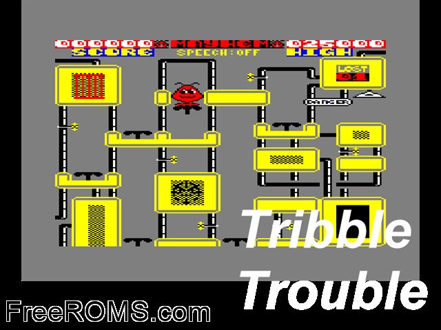 Tribble Trouble (UK) (1985) Amstrad CPC game showing 3D box cover and gameplay screenshot