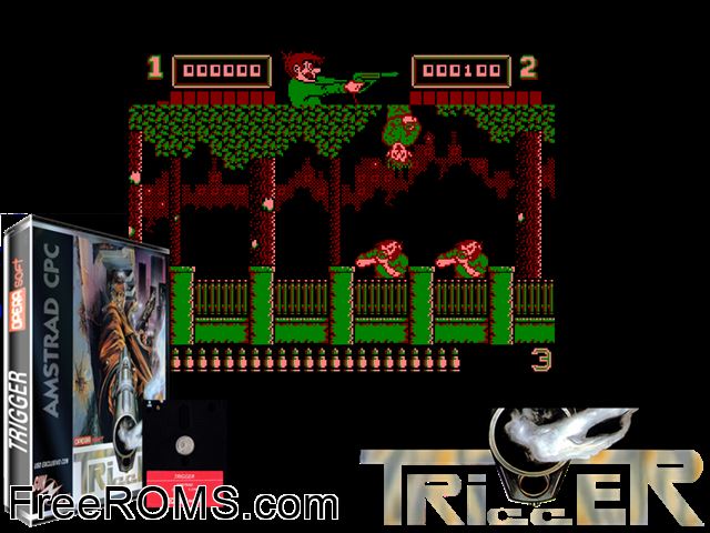 Trigger (Light Gun) (UK) (19xx) Amstrad CPC game showing 3D box cover and gameplay screenshot