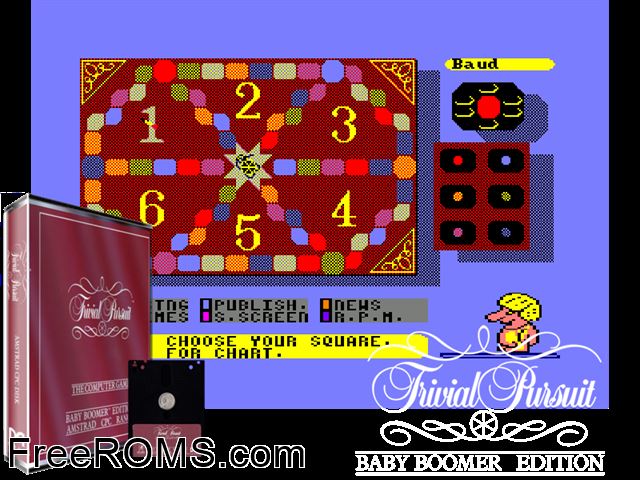 Trivial Pursuit Baby Boomer (UK) (1988) (Disk 2 of 2) Amstrad CPC game showing 3D box cover and gameplay screenshot