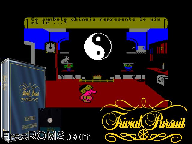 Trivial Pursuit Genius (F) (1986) (Disk 1 of 2) Amstrad CPC game showing 3D box cover and gameplay screenshot