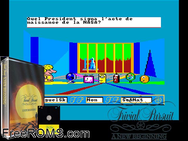 Trivial Pursuit Genus 2 (UK) (1988) (Disk 2 of 2) Amstrad CPC game showing 3D box cover and gameplay screenshot