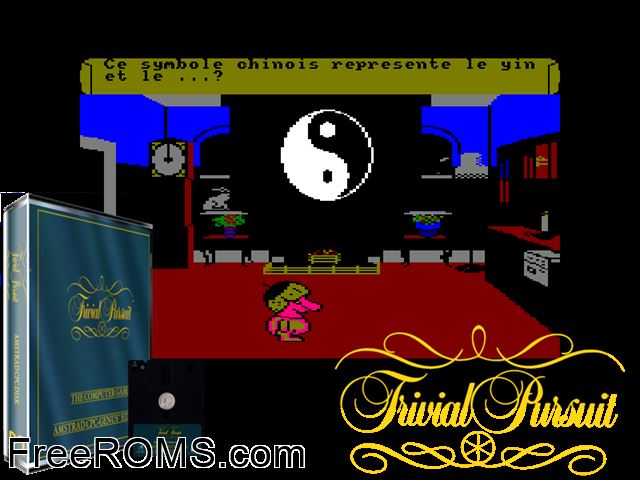Trivial Pursuit Genus Edition (UK) (1986) (Disk 2 of 2) Amstrad CPC game showing 3D box cover and gameplay screenshot