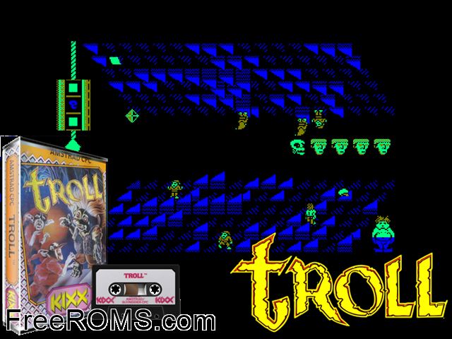 Troll (UK) (1988) Amstrad CPC game showing 3D box cover and gameplay screenshot