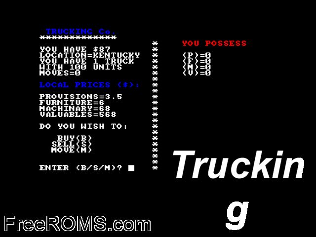 Trucking (UK) (1985) Amstrad CPC game showing 3D box cover and gameplay screenshot