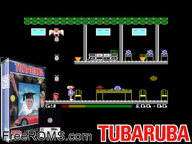 Tubaruba (UK) (1986) Amstrad CPC game showing 3D box cover and gameplay screenshot