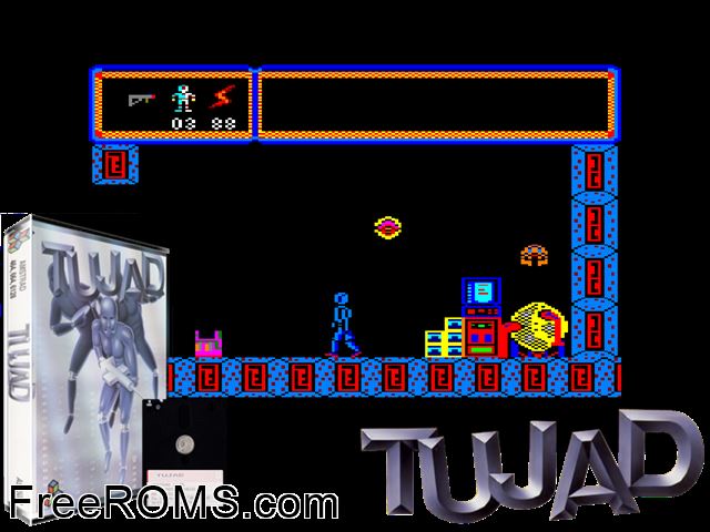 Tujad (UK) (1986) Amstrad CPC game showing 3D box cover and gameplay screenshot