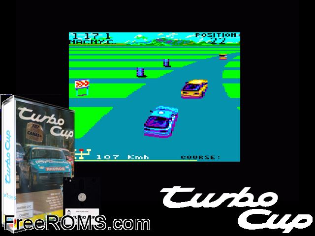 Turbo Cup (F) (1988) Amstrad CPC game showing 3D box cover and gameplay screenshot
