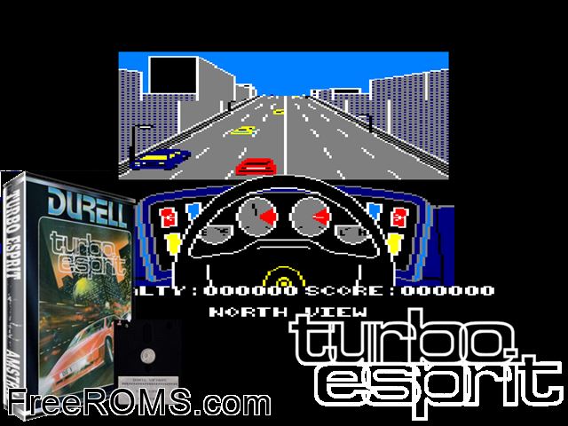 Turbo Esprit (UK) (1986) Amstrad CPC game showing 3D box cover and gameplay screenshot